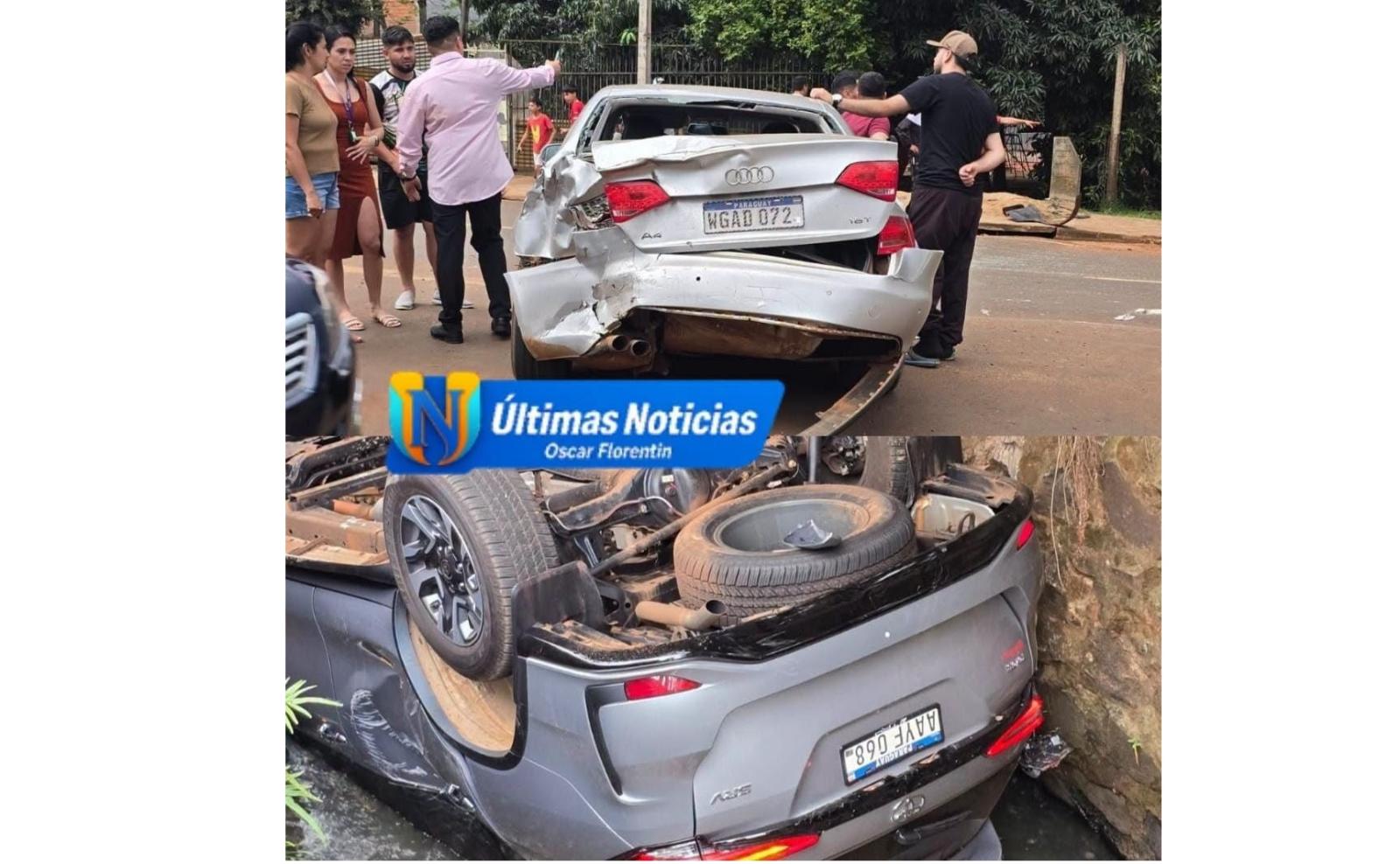 Veiculo capota e cai em vala pluvial após colisão em Ciudad Del Este
