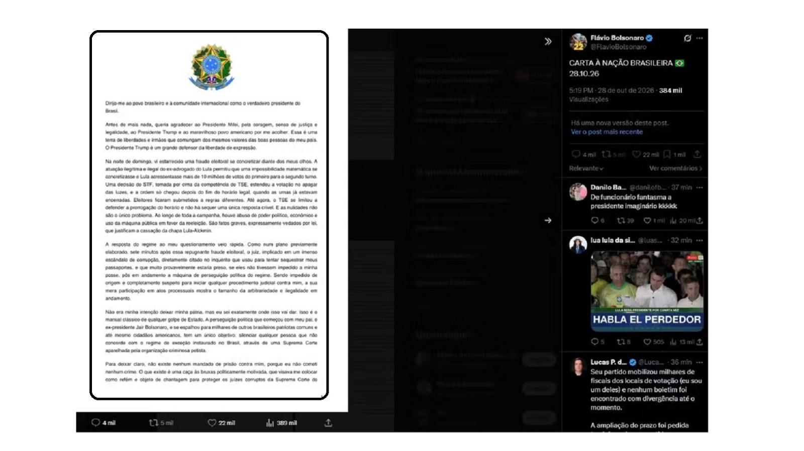 Após fuga, Flávio se diz “presidente eleito”, apaga post e passa a se chamar de “líder do Brasil”
