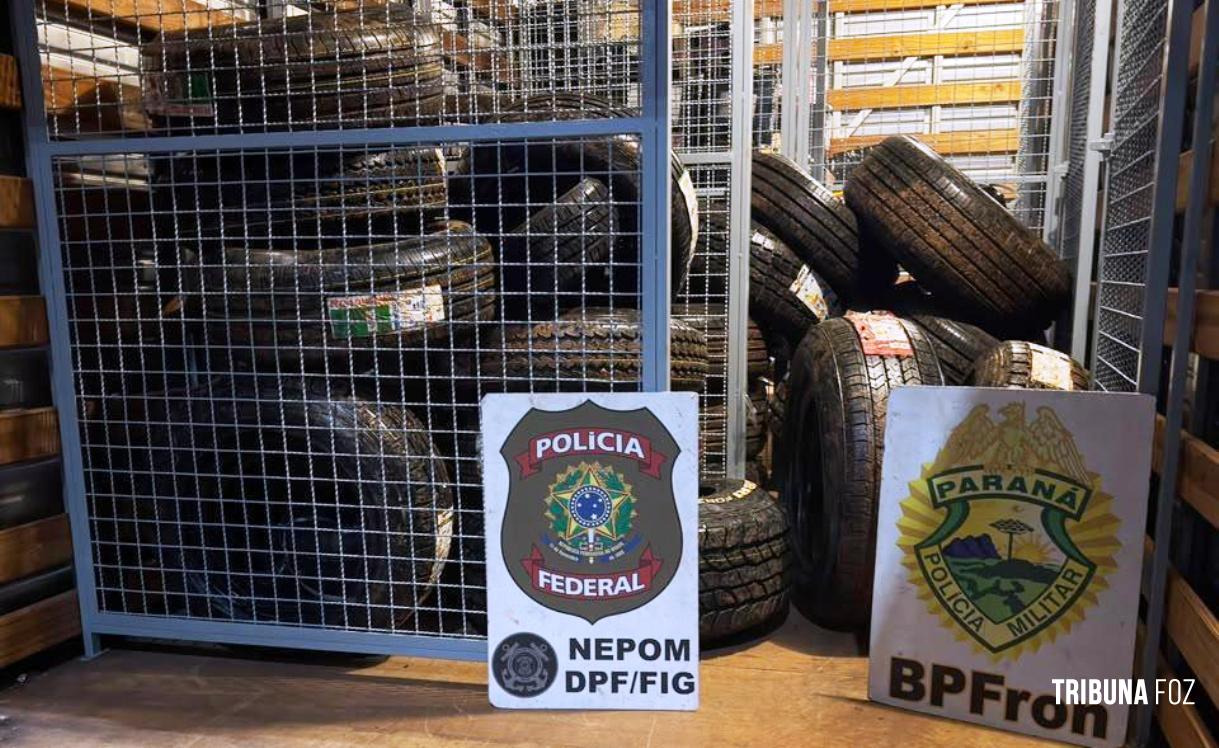 PF e PM apreendem cerca de 150 pneus contrabandeados em depósito clandestino em Foz do Iguaçu