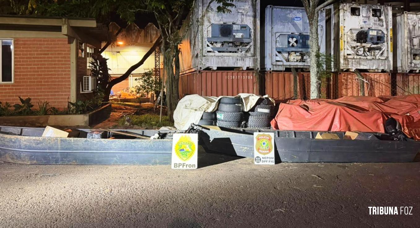 Policia Federal e PM apreendem duas embarcações carregadas com cigarros e pneu de caminhão no Rio Paraná