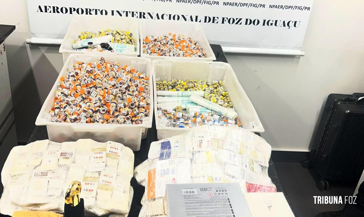 Policia Federal prende dois passageiros com cerca de 1.900 ampolas de tirzepatida e anabolizantes no Aeroporto de Foz do Iguaçu